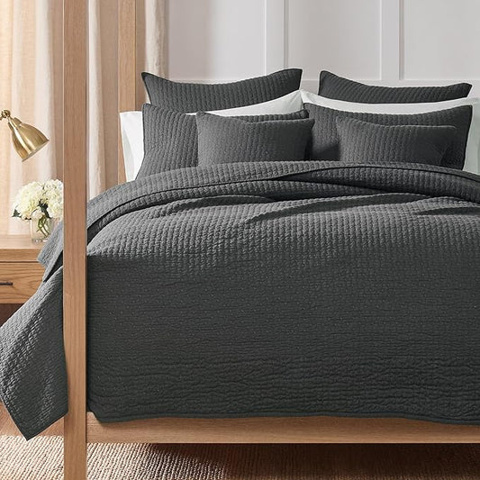 Levtex Home Cross Stitch Reversible Full/Queen Quilt Set (88x92in) with 2 Pillow Shams (26x20in) - Stitch Texture - Charcoal - Cotton Full/Queen Size Quilt Bedding Set - Lightweight, Soft, Pre-Washed