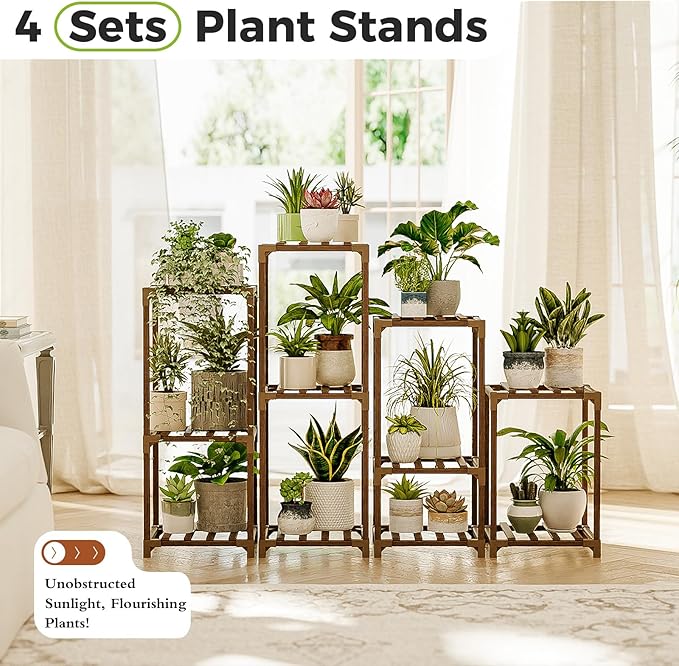 Bamworld Plant Stands Indoor 4 Sets Plant Shelves Outdoor Wooden Plant Holder for Multiple Plants Flower Stands for Living Room Balcony Garden Patio Lawn Window