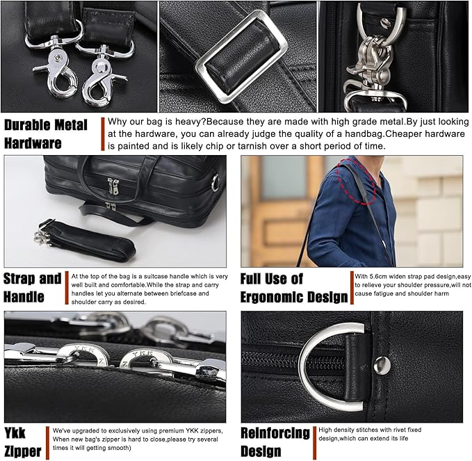 Masa Kawa Leather Briefcase for Men 15.6", 17" Laptop Computer Case Business Travel Work Messenger Cross Body Shoulder Bag