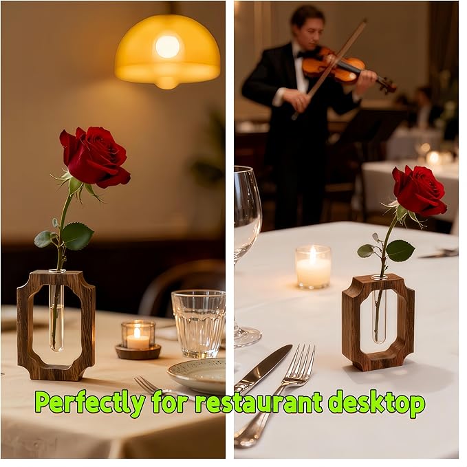 Solid Wood Frame Glass Tube Vase for Home Office Desktop Decor for Presents, Single Rose/Bud Vase, Wooden Centerpiece Vase Table for Restaurant Cafes Hotel(Small, Classic, 1 Pack)