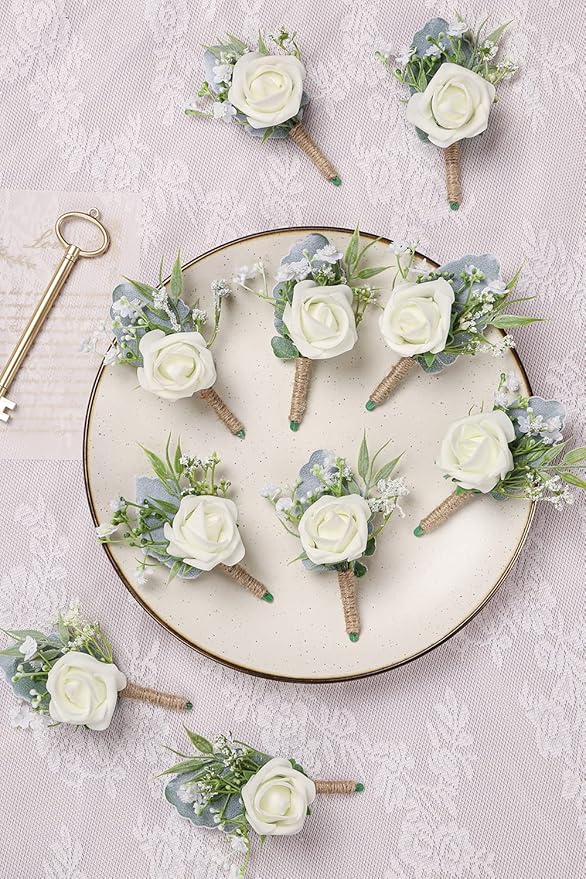 Rose Boutonnieres for Men Wedding Groom and Groomsmen White Boutonniere for Rustic Fall Vintage Wedding Prom Set of 10