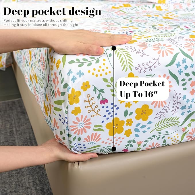 Bedlifes Twin Sheet Set Ultra Soft, Breathable, Silky Flower Deep Pocket 100% Microfiber Bedding, 3 Piece Twin Size Floral