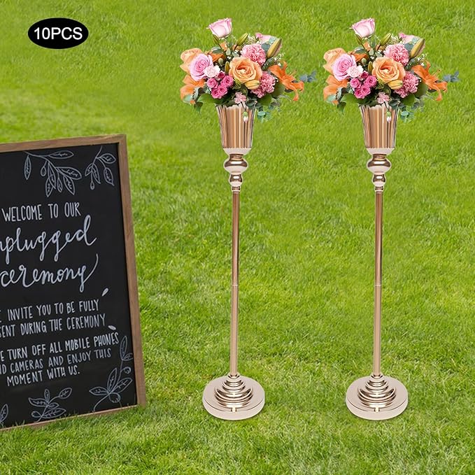 10 Pcs Versatile Metal Wedding Centerpieces Gold Vase 30.5" Tall, Metal Flower Trumpet Vase, Road Lead for Wedding Party Dinner Centerpiece Event for Anniversary Birthday Event Aisle Home Decoration