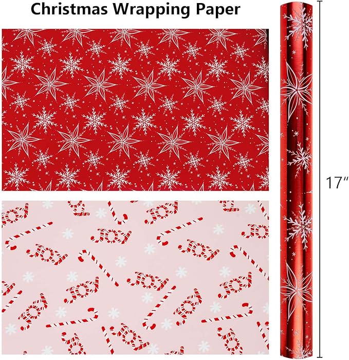 MAYPLUSS Red Christmas Wrapping Paper Roll - 17IN X 33FT - Christmas Gift Wrapping Paper Featuring White Snowflake Reversible Candy Cane for Kids, Holiday, New Year