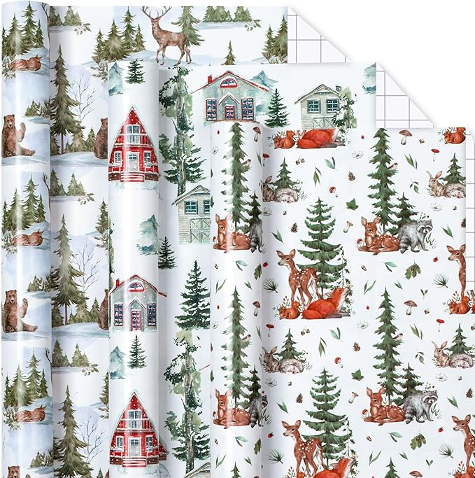 MAYPLUSS Christmas Wrapping Paper - 17" X 120" Per Roll - Vintage Watercolor Christmas Cottage, Wild Deer & Happy Polar Bears Gift Wrap Paper Winter Forest Landscape Design for Holiday
