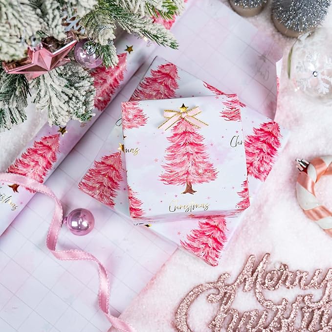 MAYPLUSS Christmas Wrapping Paper Roll - 17IN X 33FT - Pink Gift Wrapping Paper Featuring Christmas Tree Little Star Reversible Cut Lines for Kids, Holiday, New Year