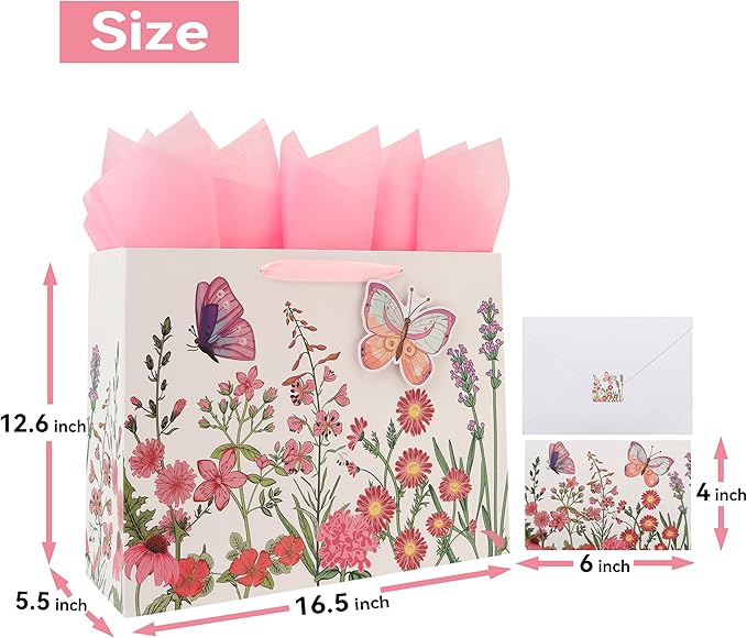 Qirrmiy 16.5” Extra Large 3D Butterfly Gift Bag Set with Handles, Greeting Card, Pink Tissue Papers and Stickers for Women Girls for Birthday, Mothers' Day, Wedding, Anniversary, Floral Design, 1 Pcs
