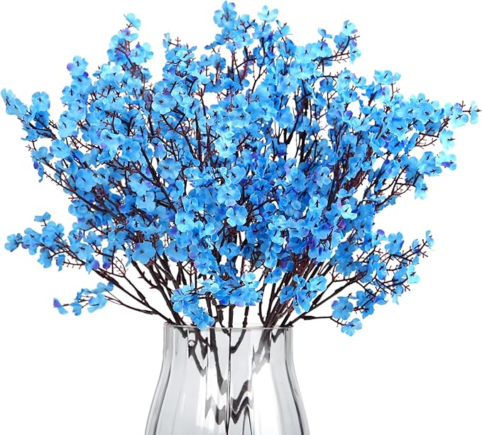 8Pcs Artificial Flowers Fake Babys Breath Bouquet,Blue Fake Flowers Plants Decor Silk Flower Bulk for Vase Spring Home Wedding Indoor Outdoor Table Party Decorations