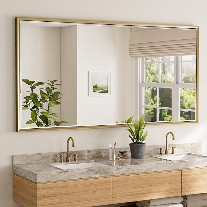 72 x 36 Gold Bathroom Mirror, Brushed Gold Beveled Bathroom Mirror, Shatterproof Large Gold Frame Rectangle Mirror, Brushed Brass Gold Framed Vanity Mirror Vertical/Horizontal Wall-Mounted
