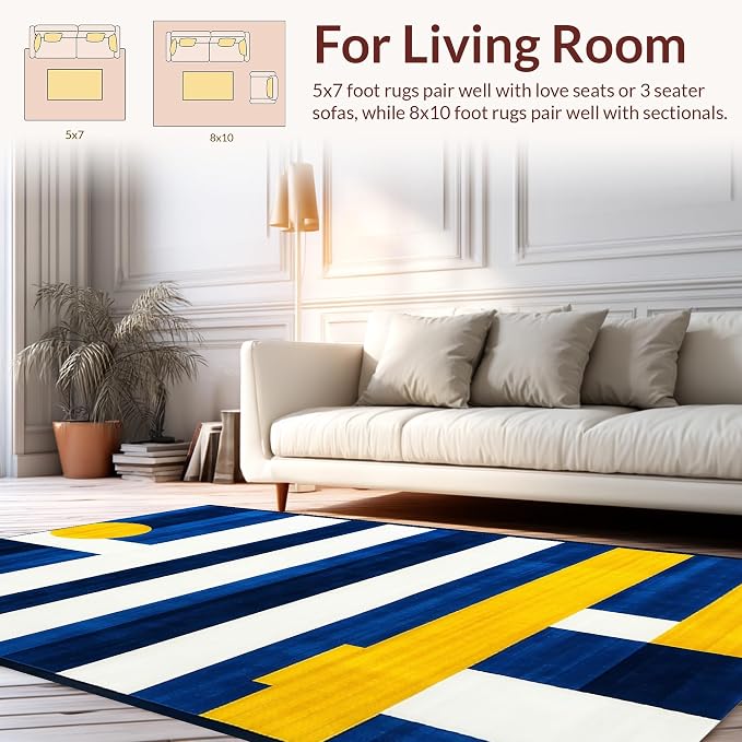 Flatwoven High Traffic Area Rug 8x10, Contemporary Striped Rug Clean Lines & Bold Hues, Non Slip, Stain Resistant, Washable Area Rugs for Living Room, Bedroom (Blue, 8x10)