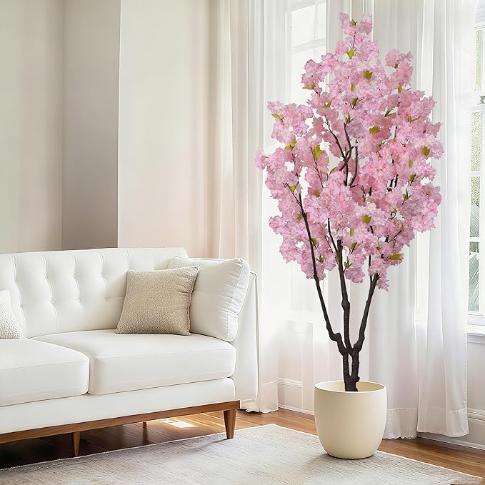 5.9ft Tall Pink Artificial Cherry Blossom Tree, Realistic Handmade Silk Leaves Sakura Plant, Fake Lifelike Cherry Blossom Tree for Home Office Indoor Outdoor Party Wedding Christmas Decor