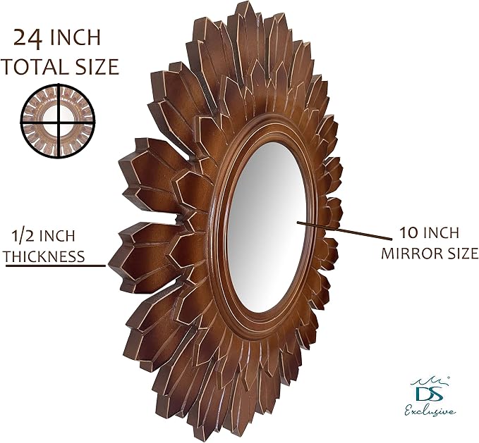 Wooden Wall Mirror, Rustic Wood Frame Mirror for Bathroom, Farmhouse, Bedroom, Entryway and Living Room, Modern Hanging Decorative Wall Mirror (Brown in Sunburst Shape)