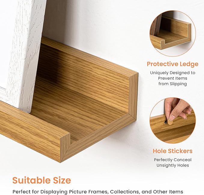RICHFOCUS Picture Ledge Shelf, 48 inch Floating Shelves Set of 2, Wood Wall Shelves with Lip, Wall Decor Storage for Bedroom Living Room Bathroom Kitchen Nursery Photo Picture, Oak