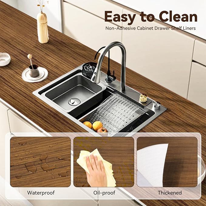 Drawer Shelf Liner for Kitchen Cabinets, Non Adhesive Slip Resistant Shelf Paper Easy to Clean, Strong Grip Thickened Waterproof Washable Mats for Pantry Shelves, Cupboard, Wood Grain, 17.5 in x 10 FT