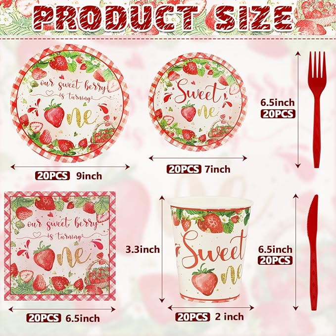 120 PCS 1st Birthday Decor, A Berry Sweet Girl is Turning One Disposable Tableware for Bday Thanksgiving Christmas, Strawberry Sweet One Birthday Tableware Set Plates Napkins Cups Knives Forks for 20