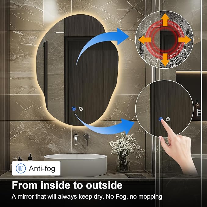 Irregular LED Bathroom Mirror with Lights,Asymmetrical Led Bathroom Vanity Mirror for Wall with Backlit, Anti Fog, 3 Colors and Dimmable Light,[Horizontal/Vertical] 30" H x 22" W