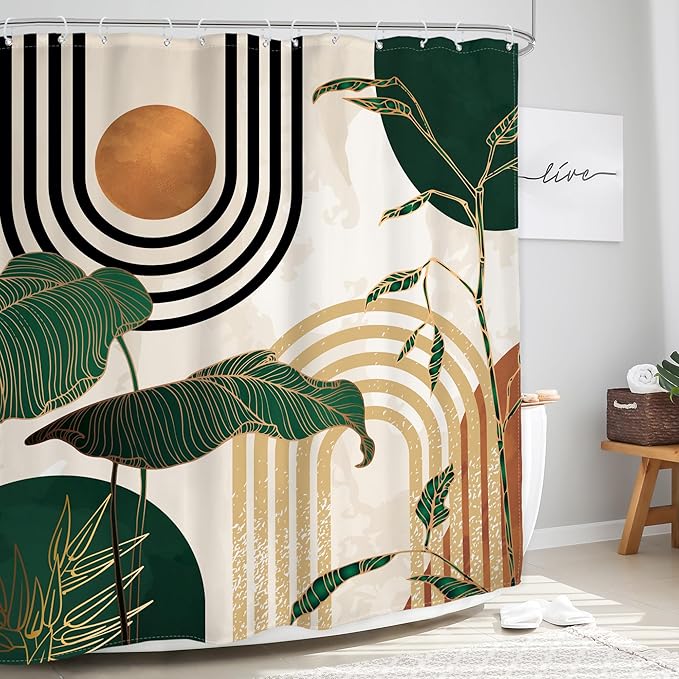 Glawry Extra Long Shower Curtain 72Wx84L Inches Boho Abstract Mid Century Green Tropical Palm Tree Bathroom Minimalist Modern Aesthetic Geometric Bath Accessories Art Home Decor Fabric 12 Pack Hooks