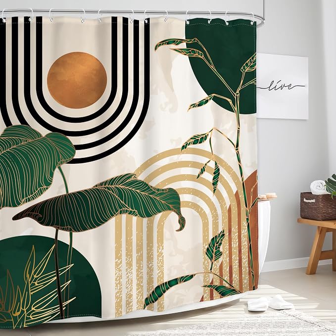 Glawry Green Boho Shower Curtain 60Wx72L Inches, Abstract Retro Mid Century Shower Curtains for Bathroom Decor,Minimalist Tropical Modern Shower Curtain Set Home Decor 12 Pack Hooks
