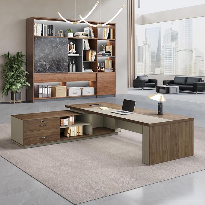 L-Shaped Executive Desk with LED Lights, Lockable Storage & 3-in-1 Charging Station, Reversible Cabinet, Modern Wood Office Desk for CEO, Manager & Home Office(Black Walnut+Khaki, 95"L*71"W*30"H)