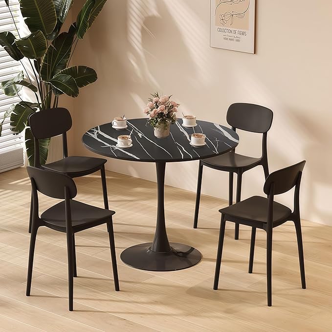 24" Tulip Table for 1-2 Persons Modern Round Dining Table, Mid-Century Modern Black Marble Small Kitchen Table with MDF Wooden Top, Leisure Coffee Table for Living Room, Dining Room, Office