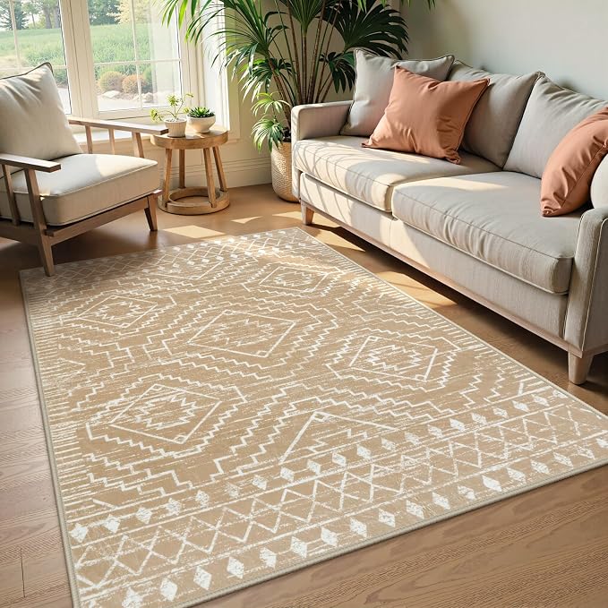 Wonnitar Moroccan Washable Area Rug 4x6, Non-Slip Rugs for Living Room, Boho Bedroom Throw Mat, Geometric Low Pile Floor Carpet for Home Office Mudroom Kitchen (Kakhi,4'x6')
