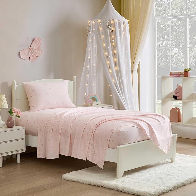 Laura Ashley Kids - Twin Sheet Set, Soft & Wrinkle-Resistant Toddler Bedding Set, Deep Pockets, Girl Bed Sheets with Matching Fitted Sheet & Pillowcase (Tiny Bows Pink)