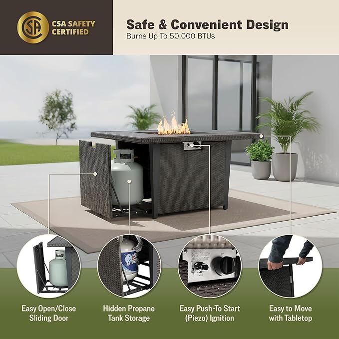 42'' Propane Fire Pit Table, 50,000 BTU Outdoor Gas Fire Table with Lid, Square Aluminum Fire Table with Wind Guard and Weather Cover, 2 in 1 Rattan Firepit Table for Outside Patio, Backyard, Gray