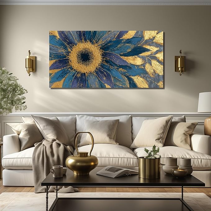JuhaiArt Gold Wall Decor Blue Floral Wall Picture Canvas Sunflower Abstract Flower Wall Art for Living Room Bedroom Home Office 24" x 48"