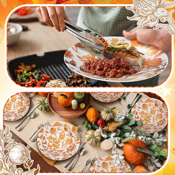 Suclain 60 Pcs Brown Fall Pomegranate Plastic Plates Thanksgiving Wedding Party Decoration Bulk 10.25'' 7.5'' Dessert Dinner Disposable Plastic Plates for Bridal Shower Party Supplies