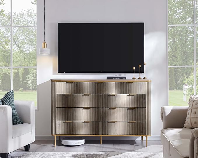 T4TREAM Fluted 9 Drawers Dresser, Modern Wooden Top Chest of Drawers with Curved Profile Design, Dresser TV Stand Drawer Organizers for Bedroom, Living Room, Hallway(Alder Grey)