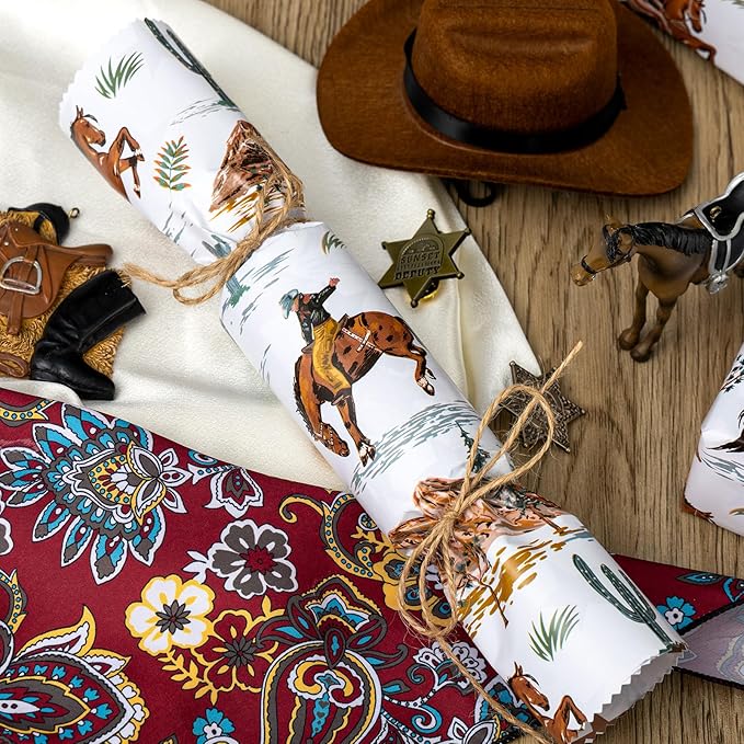 Homeral Reversible Cowboy Wrapping Paper Roll - 17In x 32.8Ft Western Gift Wrap with Rodeo Horse and Star Pattern for Boys Birthday, Fathers Day, Bachelor Party, Christmas, Farm Theme, Holiday