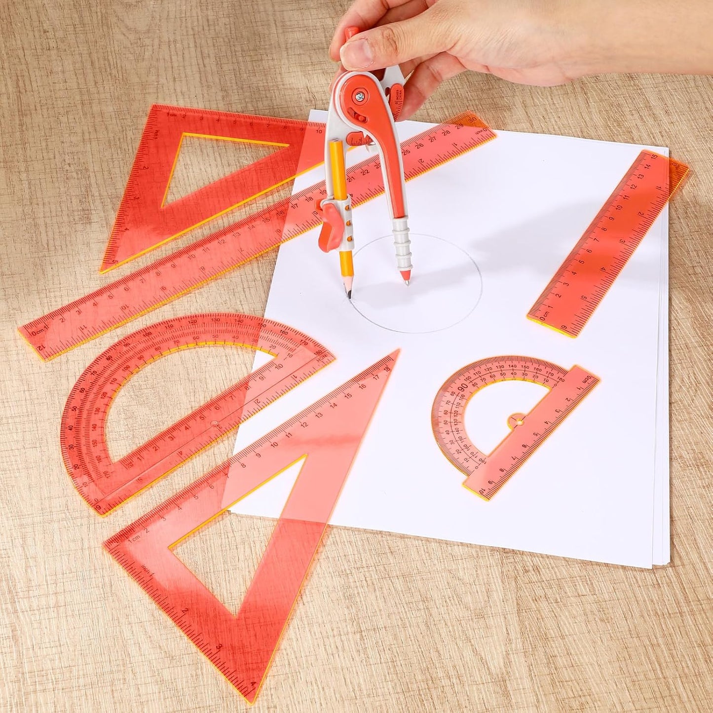 Zonon Geometry Math Set - 7-Piece Plastic Kit with Protractor, Compass & Rulers | Orange