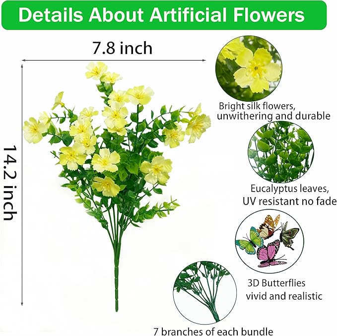 24 Bundles Artificial Flowers for Outdoors No Fade Fake Plants Faux Flowers for Spring Summer Decor, UV Resistant Artificial Outdoor Plants for Outside Planter Porch Balcony Patio Decor - Yellow