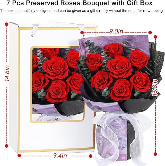 Preserved Flowers Bouquets 7 Roses, Long-Lasting Flower with Gift Box, Real Forever Flower Gifts for Delivery Women Wife Mom Friend on Anniversary Birthday Wedding (Red Roses)