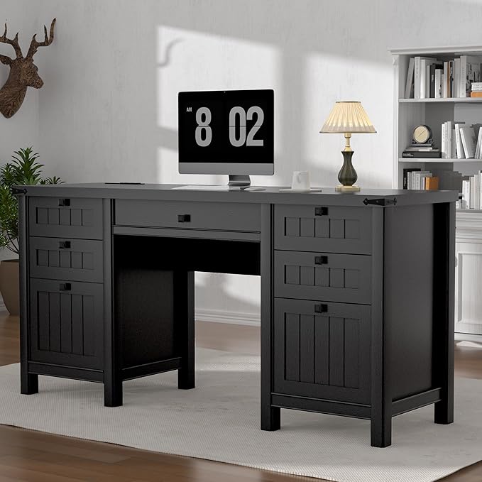 Executive Desk, Modern Farmhouse Computer Desk with Drawers & Cabinet, Home Office Desk for Work Study Writing Workspace (Black, 62")