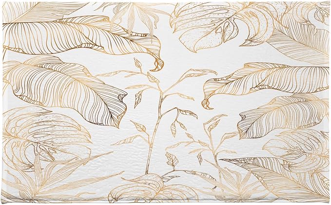 LB Gold Palm Leaf Bath Mat for Bathroom- Abstract Banana Leaves White Non Slip Doormat- Luxury Aesthetic Modern Absorbent Memory Foam Living Room Bedroom Door Front Floor Area Rugs,31.5x19.6 Inch
