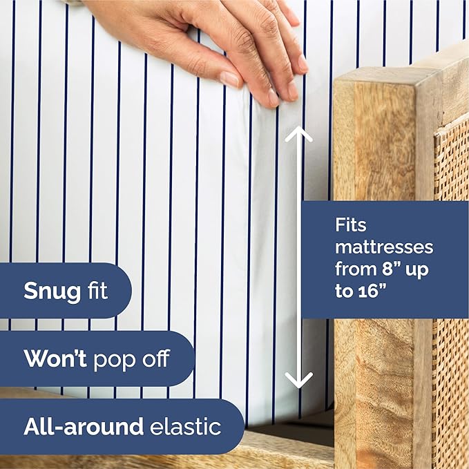 Striped Sheets - Navy Blue & White Striped Sheets - 1 Flat & 1 Fitted & 2 Pillowcases w/ Deep Pockets – Wrinkle & Fade Free - Breathable & Cooling – Luxury Pinstripe Bedding - Cal King Size Bed Set