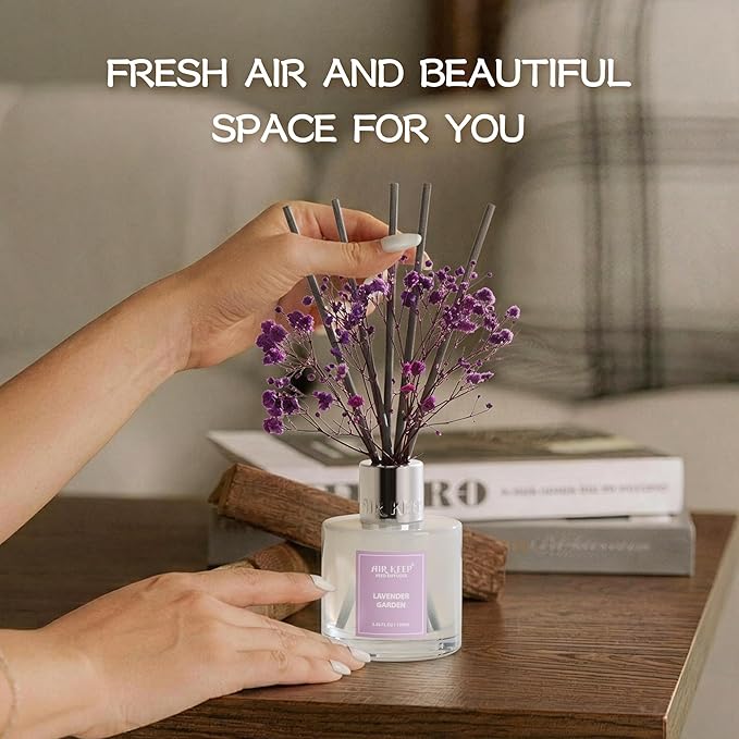 Airkeep Reed Diffuser Set,3.38 fl oz (100 ml) - Lavender Garden Oil Diffusers with 8 Reed Sticks, Home Fragrance Reed Diffuser for Bathroom Shelf Decor