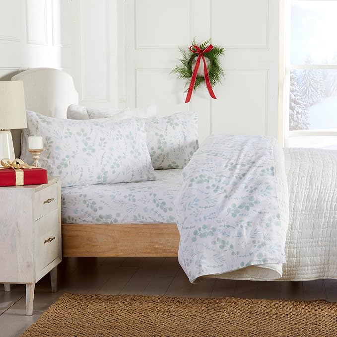 Market & Place 100% Cotton Twin Flannel Sheet Set | 3 Piece Deep Pocket Cozy Winter Floral Bed Sheets | Double Brushed for Extra Softness & Comfort | Alpine Collection (Twin, Eucalyptus Leaves)