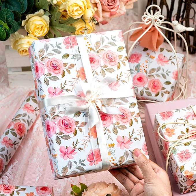 Yarcony Pink Floral Wrapping Paper Roll, Reversible Wedding Wrapping Paper, Watercolor Rose Print Flower Gift Wrap for Birthday, Valentine's Day,Mother's Day,Birdal Shower,Engagement(17Inch x 16.5Ft)