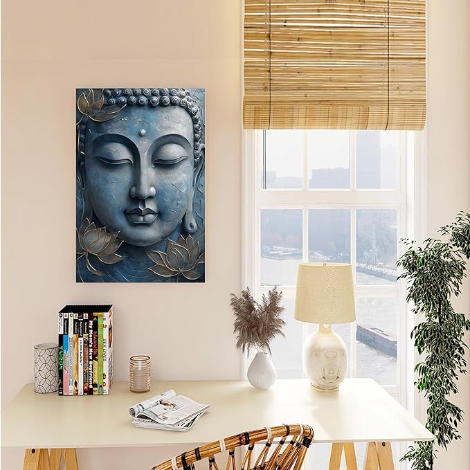 Canvas wall art Golden lotus crown Serene Buddha poster Ethereal blue toned art with delicate floral decor Zen wall art for a tranquil meditation space 12x18in Wood Framed