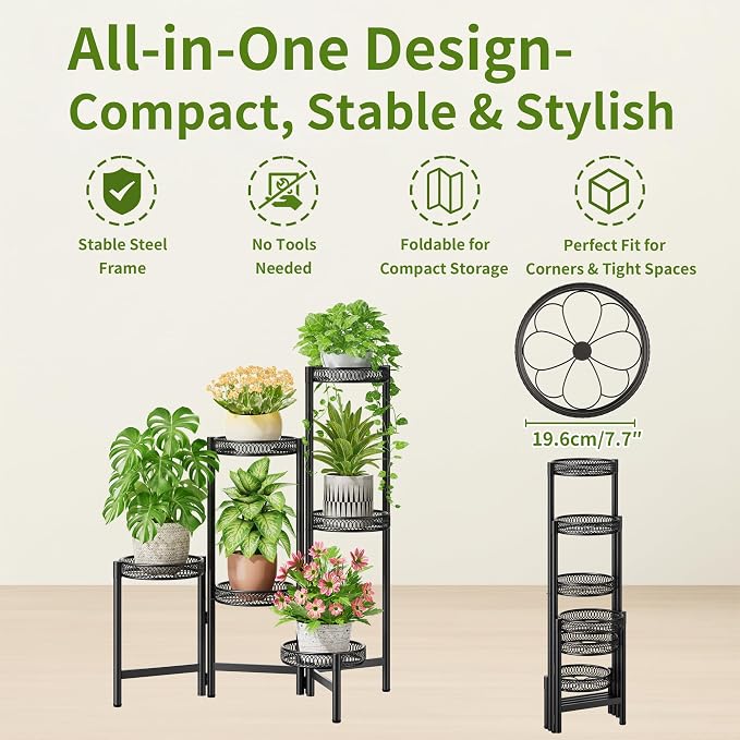 6 Tier Large Plant Stand Indoor with 7.9-Inch Wide Drainage Tray, Tiered Corner Metal Outdoor Flower Display Holder Shelf, Folding Tall Rack for House Patio Porch Balcony Graden - BlackFlower