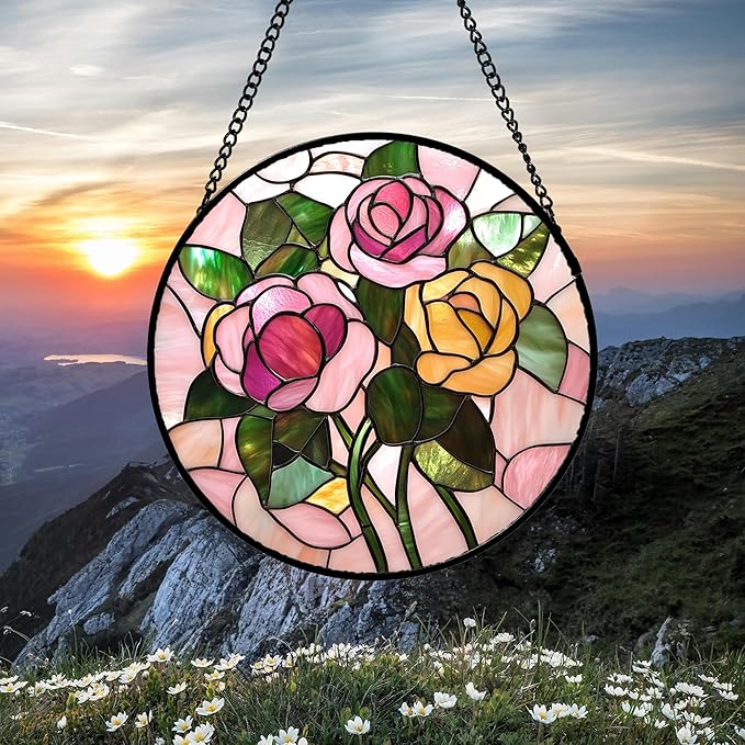Stained Glass Window Hanging 4 Pcs Set Pink Floral Theme Large 11.8" - Flowers Suncatcher Door Garden Sun Catcher Decor Birthday Christmas for Mom Woman Nana Men Friend