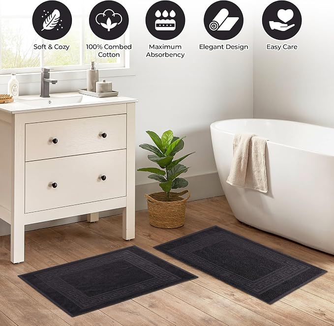 Superior Heavyweight Cotton Bath Mats, Bath Rugs For Bathroom Accessories, Washable Rug For Shower, Bath, Toilet, Modern Decor, No Backing, Luxury Hotel And Spa Quality, Set of 2, 22" x 35", Black