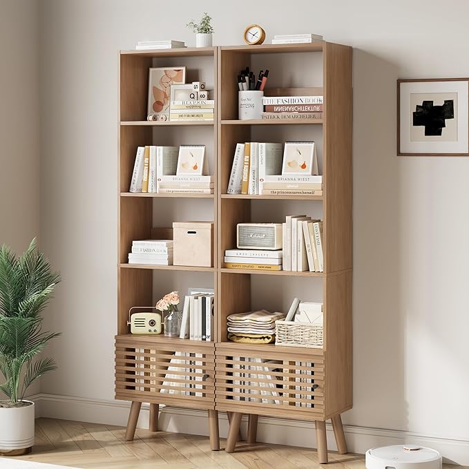 Open Shelf Cube Bookcase, 68" Tall Freestanding Bookshelf, Slatted Door Narrow Corner Bookcase with 5 Cubes, Mid-Century Modern Display Storage Cabinet for Living Room, Home Office, Oak