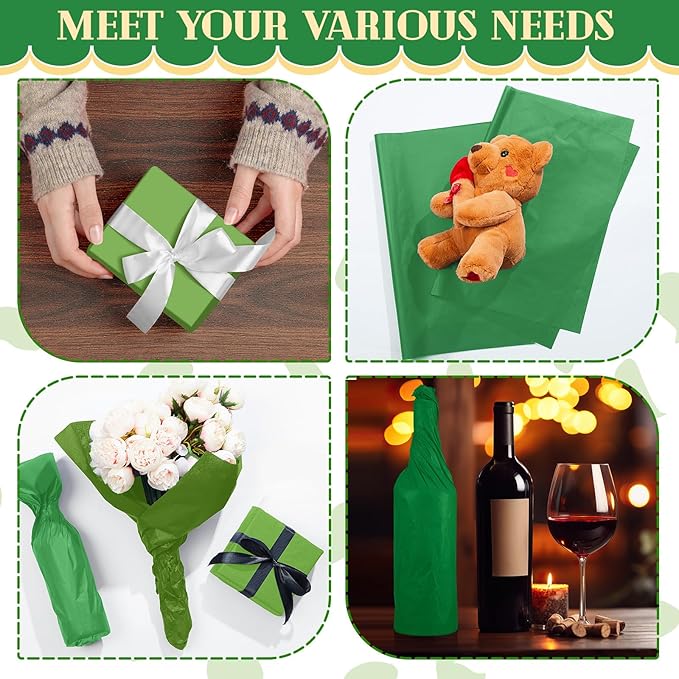 Qilery 500 Sheets Christmas Green Tissue Paper Bulk for Gift Bags 20 x 30 Inch Acid Free Wrapping Paper Sheets for Christmas Decoration DIY Crafts, Packing Supplies for Moving, Wedding Party