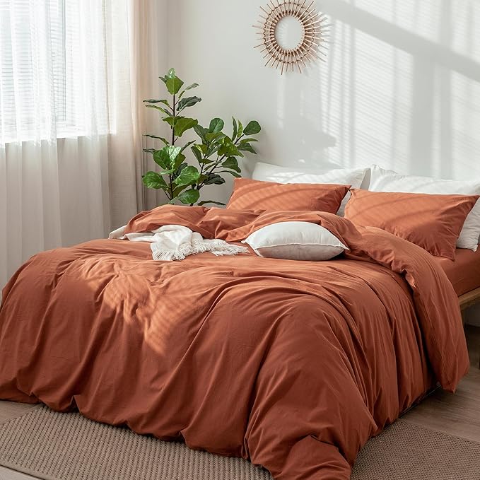 MooMee Bedding Duvet Cover Set 100% Washed Cotton Linen Like Textured Breathable Durable Soft Comfy (Solid Rust Brown, Twin 68"x90")