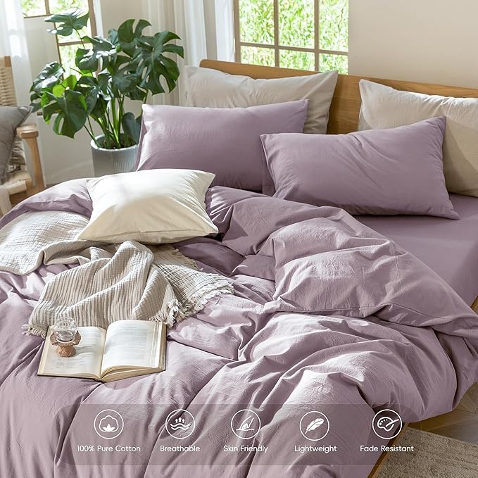MooMee Bedding Duvet Cover Set 100% Washed Cotton Linen Like Textured Breathable Durable Soft Comfy (Solid Taro Purple, Super King 108"x98")