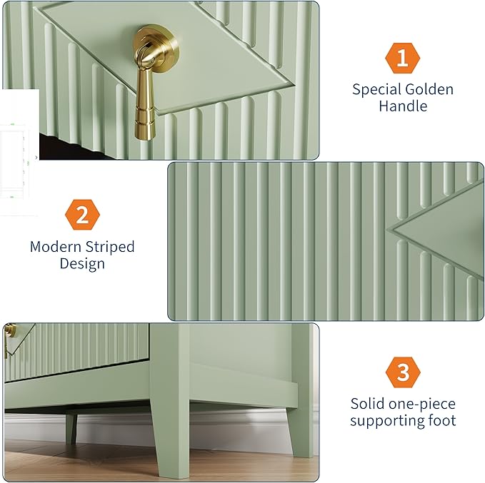 GarveeHome Fluted Dresser for Bedroom, 42.9" Tall 5-Drawer Wood Dresser, Modern Chest of Drawers, Storage Organizer Cabinet for Living Room, Hallway, Entryway, Green