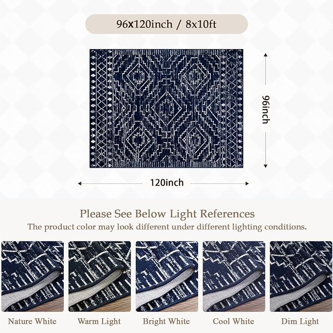 Wonnitar Moroccan 8x10 Rug Living Room Area Rugs, Washable Blue Bedroom Rug, Non-Slip Large Soft Non-Shedding Ultra-Thin Farmhouse Boho Throw Carpet for Dining Table Office Mudroom (Blue,8'x10')
